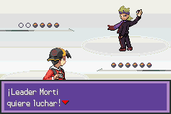 Inicio del combate contra el líder Morty en Pokémon Liquid Crystal